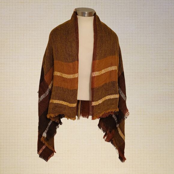Brown Plaid Stripped Oversized Shawl Wrap Scarf Fringe Soft Blanket 54x57 - Picture 1 of 5